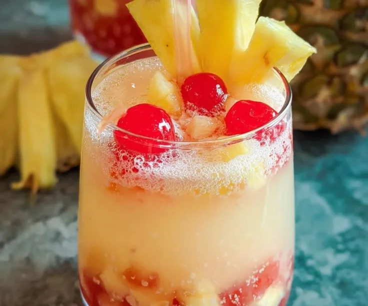 Pina Colada Sangria garnished with tropical fruits in a cheerful glass