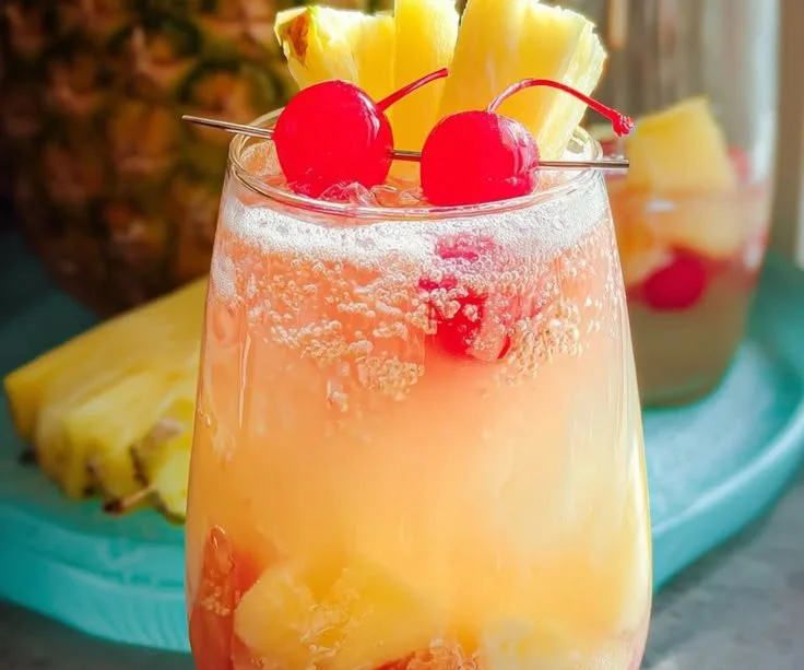 Delicious Pina Colada Sangria in a glass garnished with pineapple and cherries