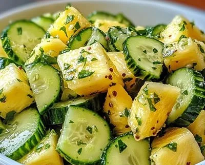 Delicious Pineapple Cucumber Salad served in a bowl.