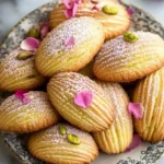Pistachio Rosewater Madeleines with decorative pistachios and rose petals