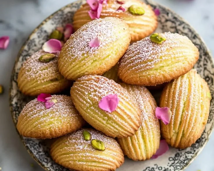 Pistachio Rosewater Madeleines with decorative pistachios and rose petals