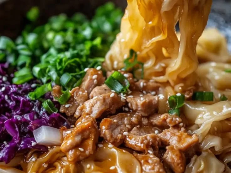 Delicious Potsticker Noodle Bowl with Pork and Cabbage Slaw