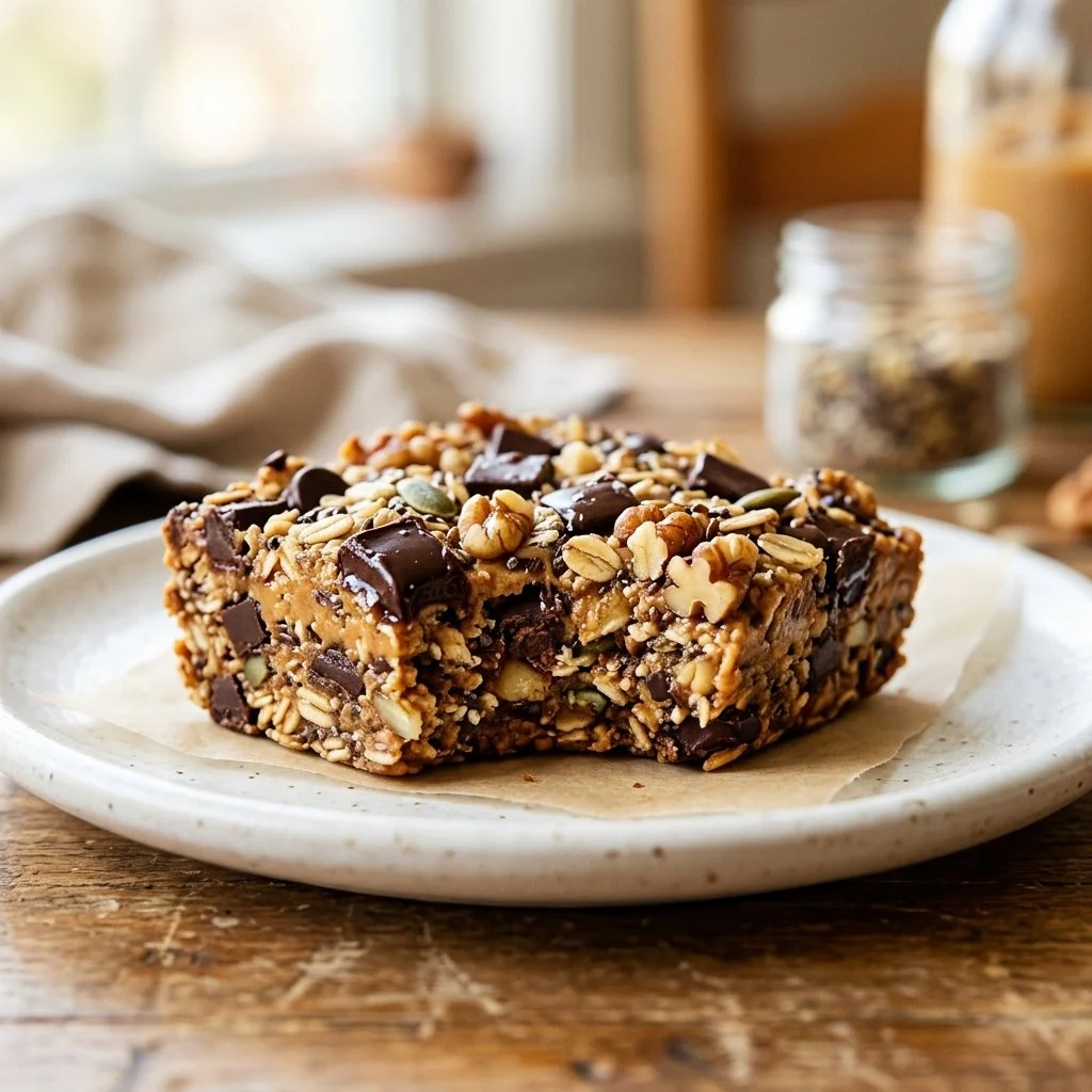 Homemade protein bars displayed on a wooden table with ingredients