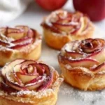 Puff pastry apple roses topped with cinnamon and sugar, a beautiful dessert