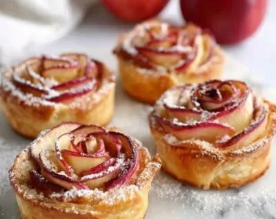 Puff pastry apple roses topped with cinnamon and sugar, a beautiful dessert