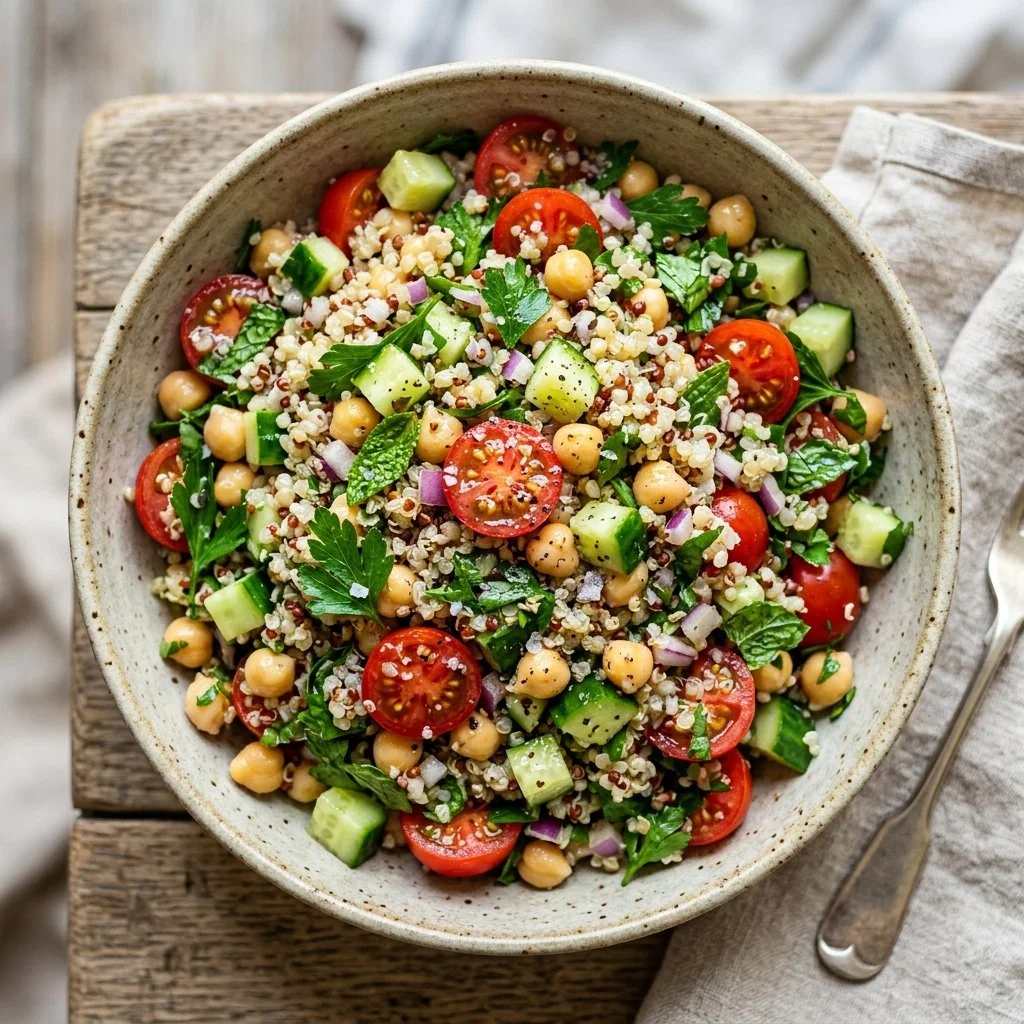 Colorful quinoa chickpea salad with fresh vegetables and herbs