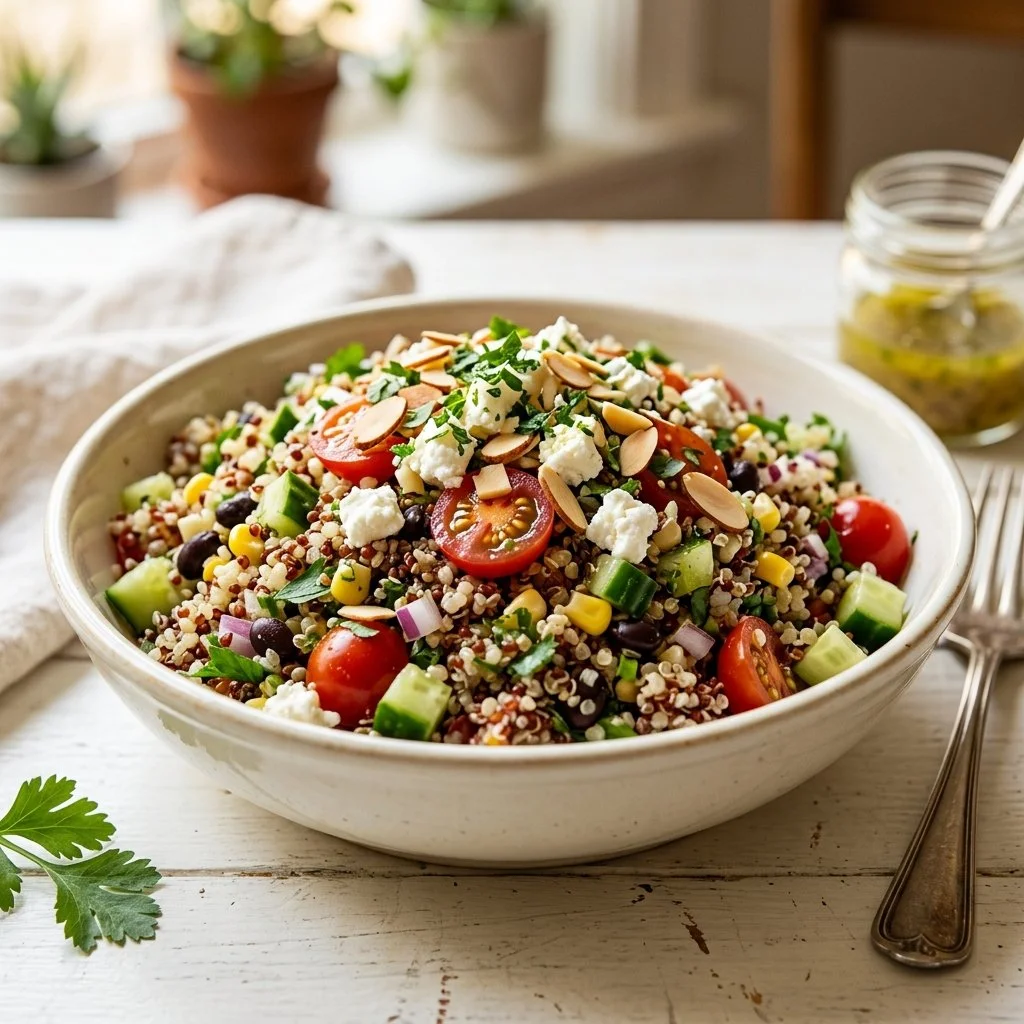 Colorful quinoa salad served in a bowl with vegetables and dressing
