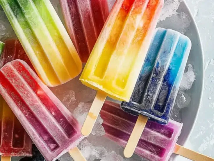 Colorful rainbow popsicles in a variety of flavors and layers