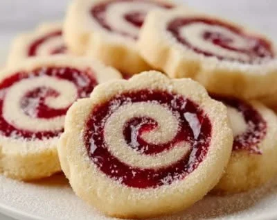 Raspberry Swirl Shortbread Cookies with vibrant raspberry swirls on a golden cookie base.