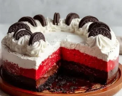 Red Velvet Oreo Cheesecake topped with Oreo cookie crumbles and whipped cream