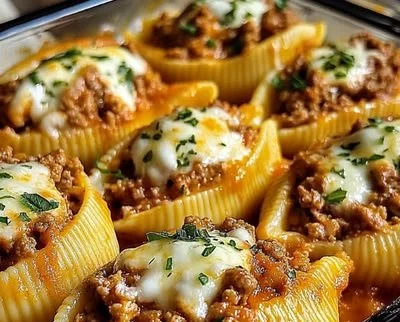 Delicious Ricotta Beef Stuffed Shells topped with marinara sauce and cheese