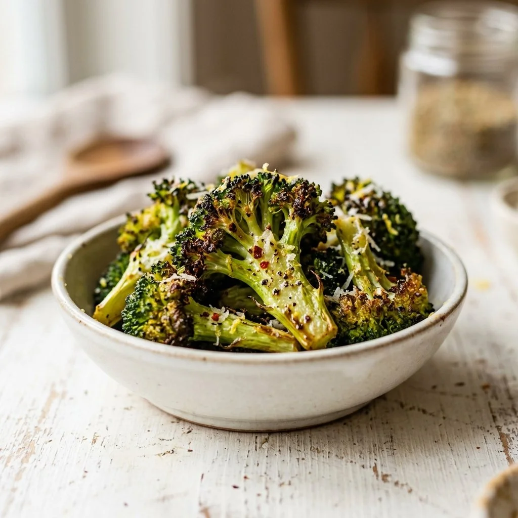 Bowl of roasted broccoli with seasoning, showcasing a delicious side dish