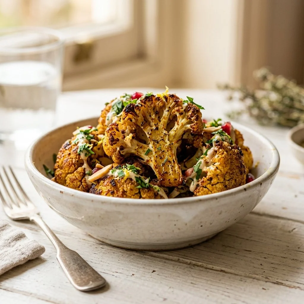 Deliciously roasted cauliflower on a serving plate