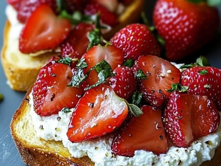 Roasted strawberry toast topped with whipped ricotta and fresh mint on a plate