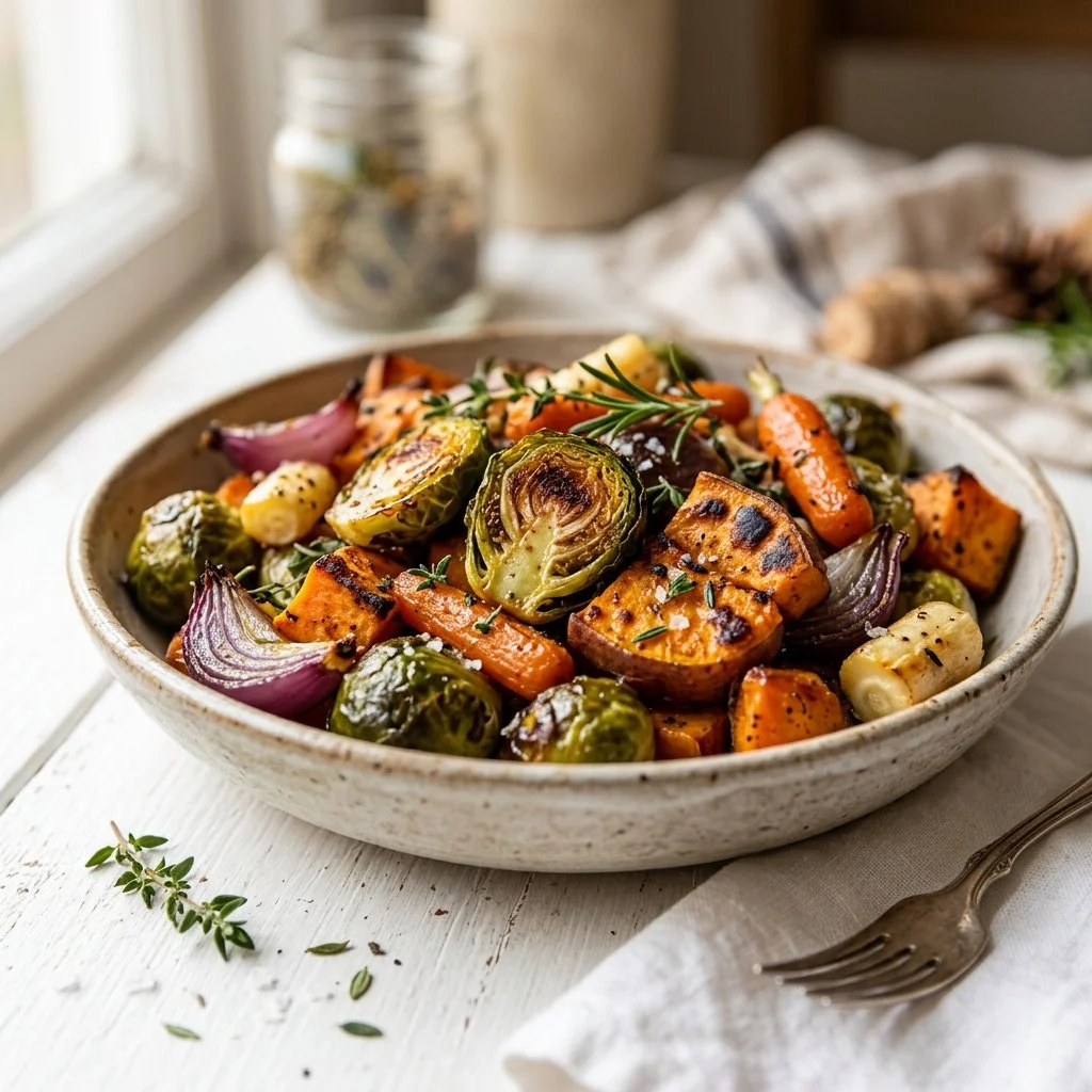 Colorful roasted vegetables with herbs on a baking tray