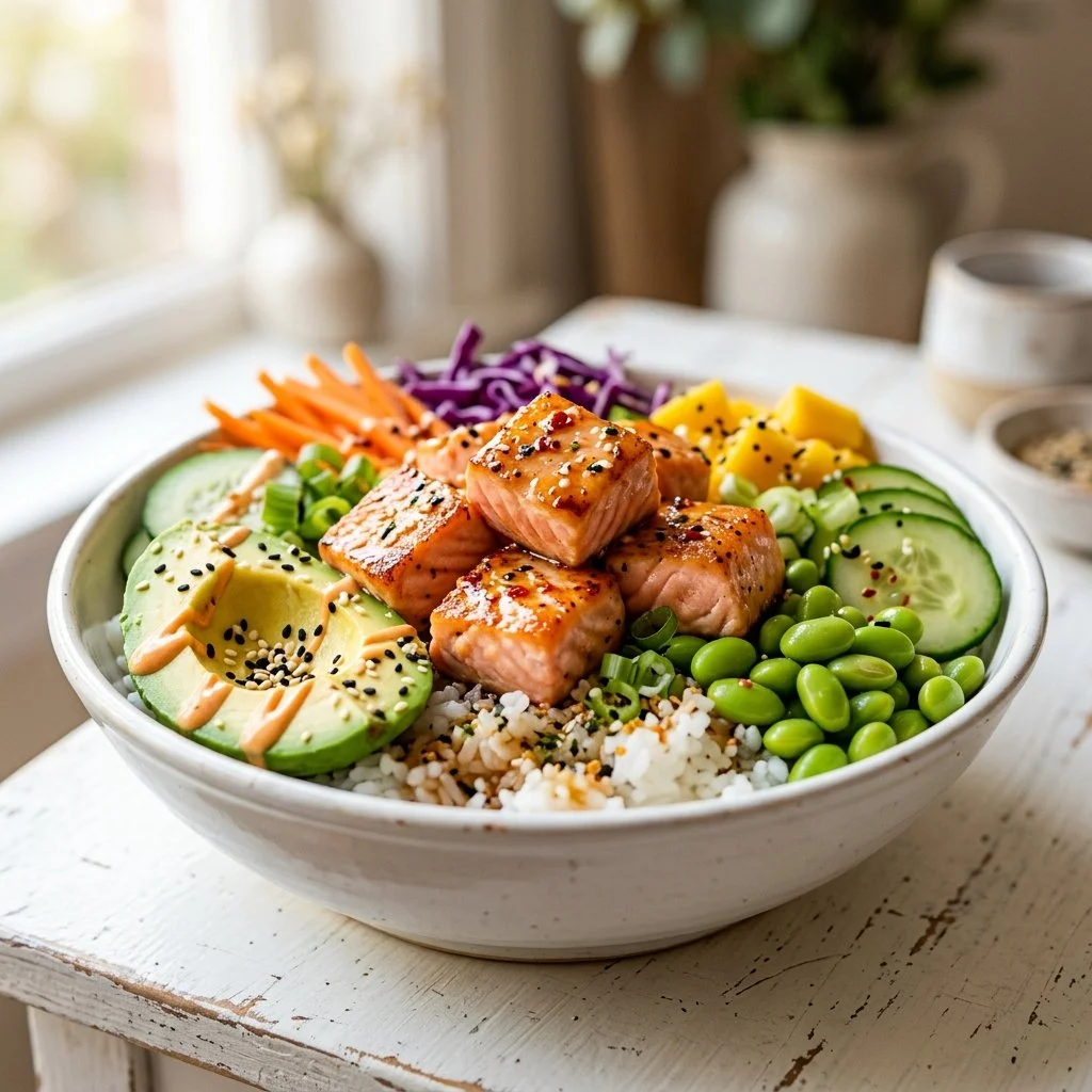Healthy salmon bowl recipe with fresh ingredients and vibrant colors.