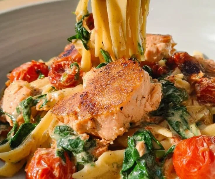 Creamy salmon pasta with spinach and sun-dried tomatoes in a bowl