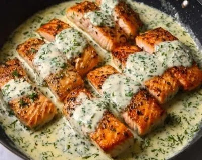 Salmon fillet topped with creamy lemon herb sauce, garnished with fresh herbs.