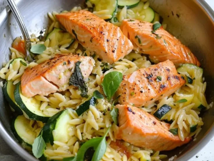 Plate of salmon served with zucchini and orzo pasta.
