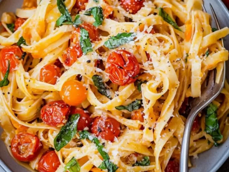 Sautéed cherry tomatoes pasta garnished with garlic and basil in a bowl.