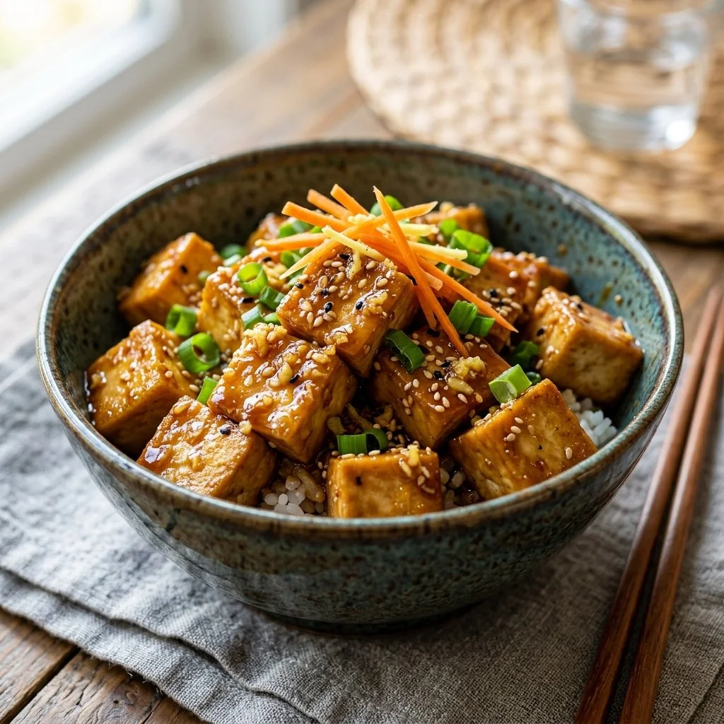 Delicious sesame ginger tofu served with vegetables on a plate.