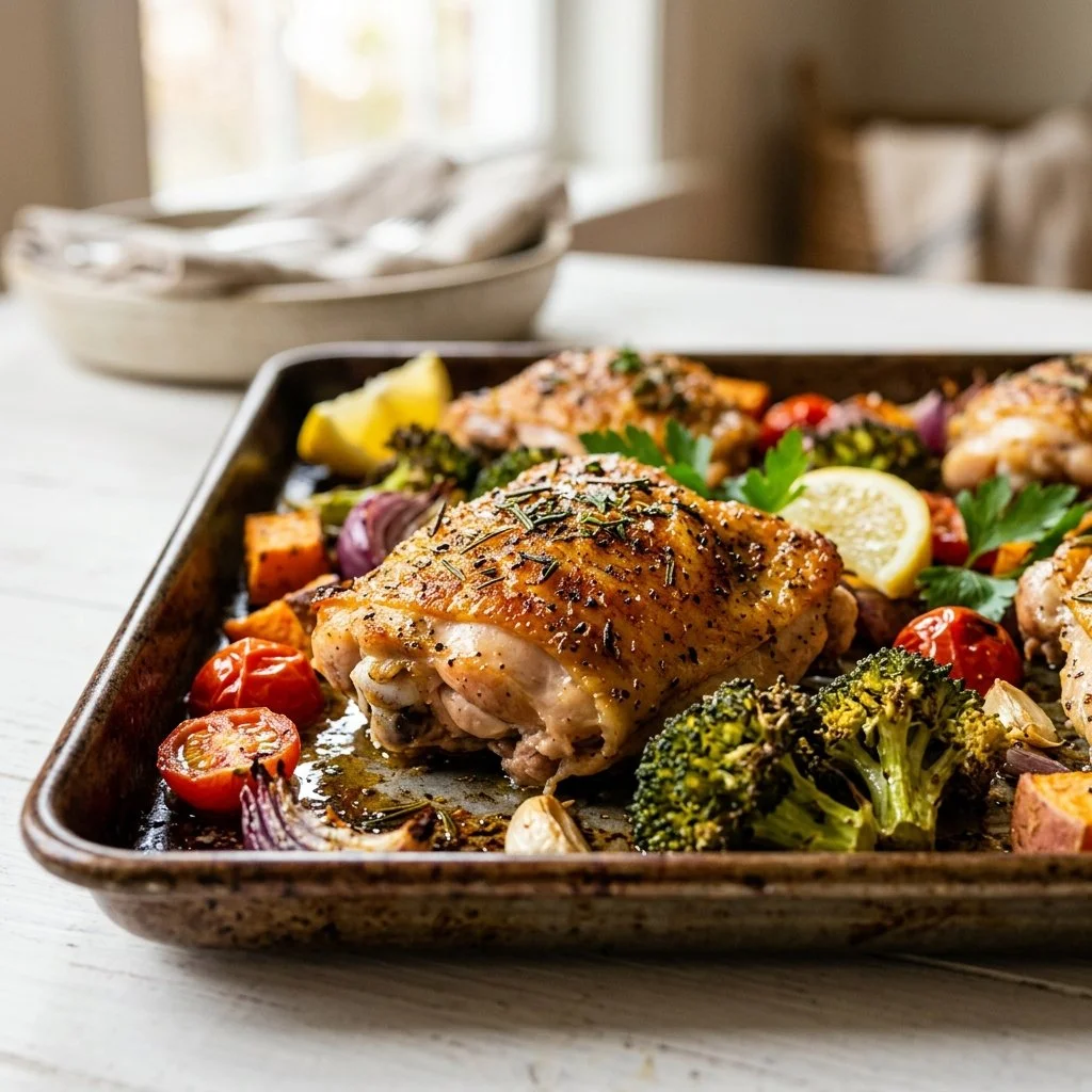 Easy sheet pan chicken recipe with colorful vegetables and seasoning