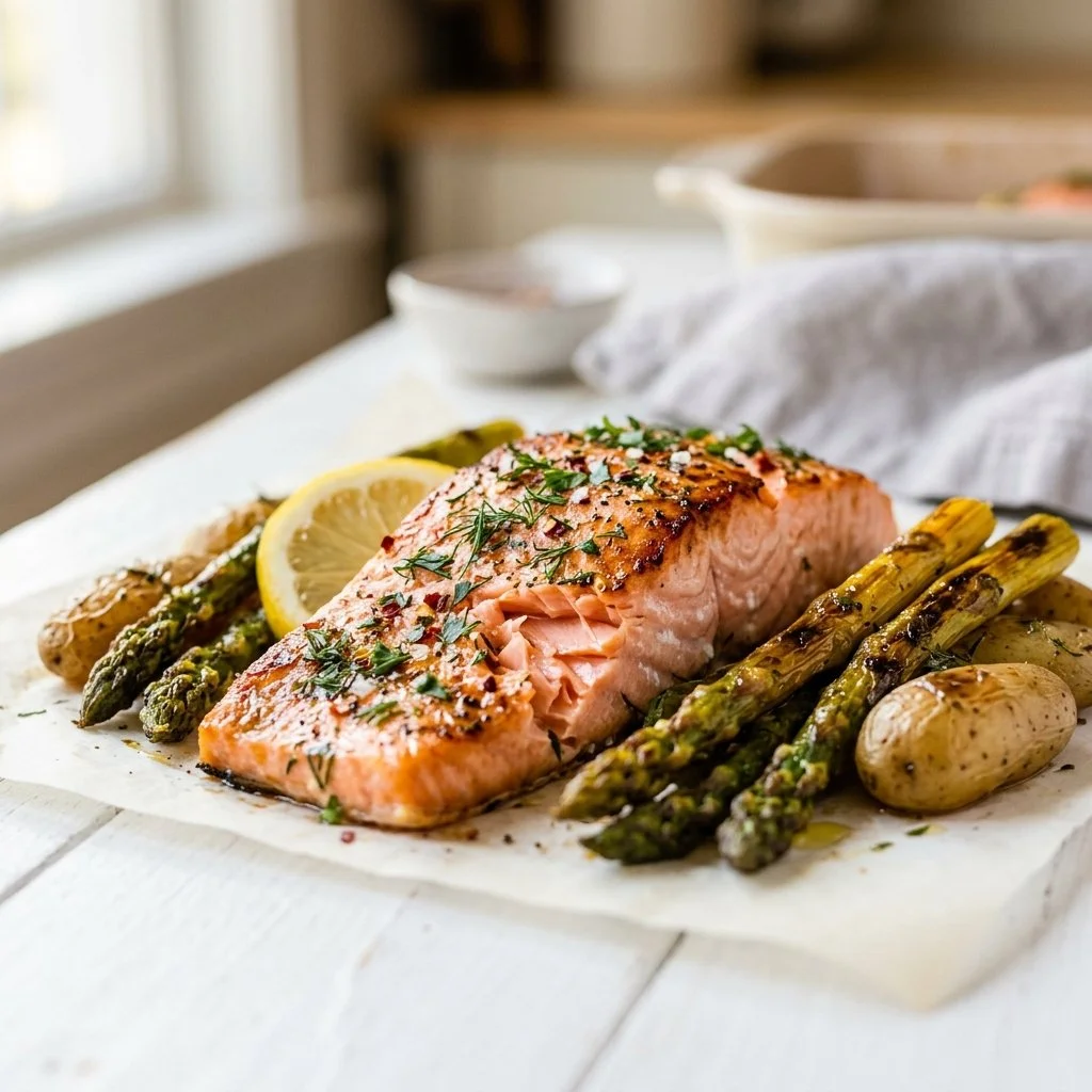 Sheet pan salmon recipe with colorful vegetables and herbs