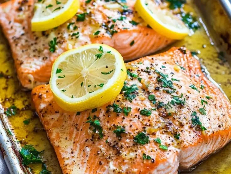 Sheet-pan salmon with lemon garlic butter on a serving plate