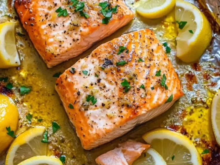 Sheet pan salmon with lemon garlic butter served on a dinner plate