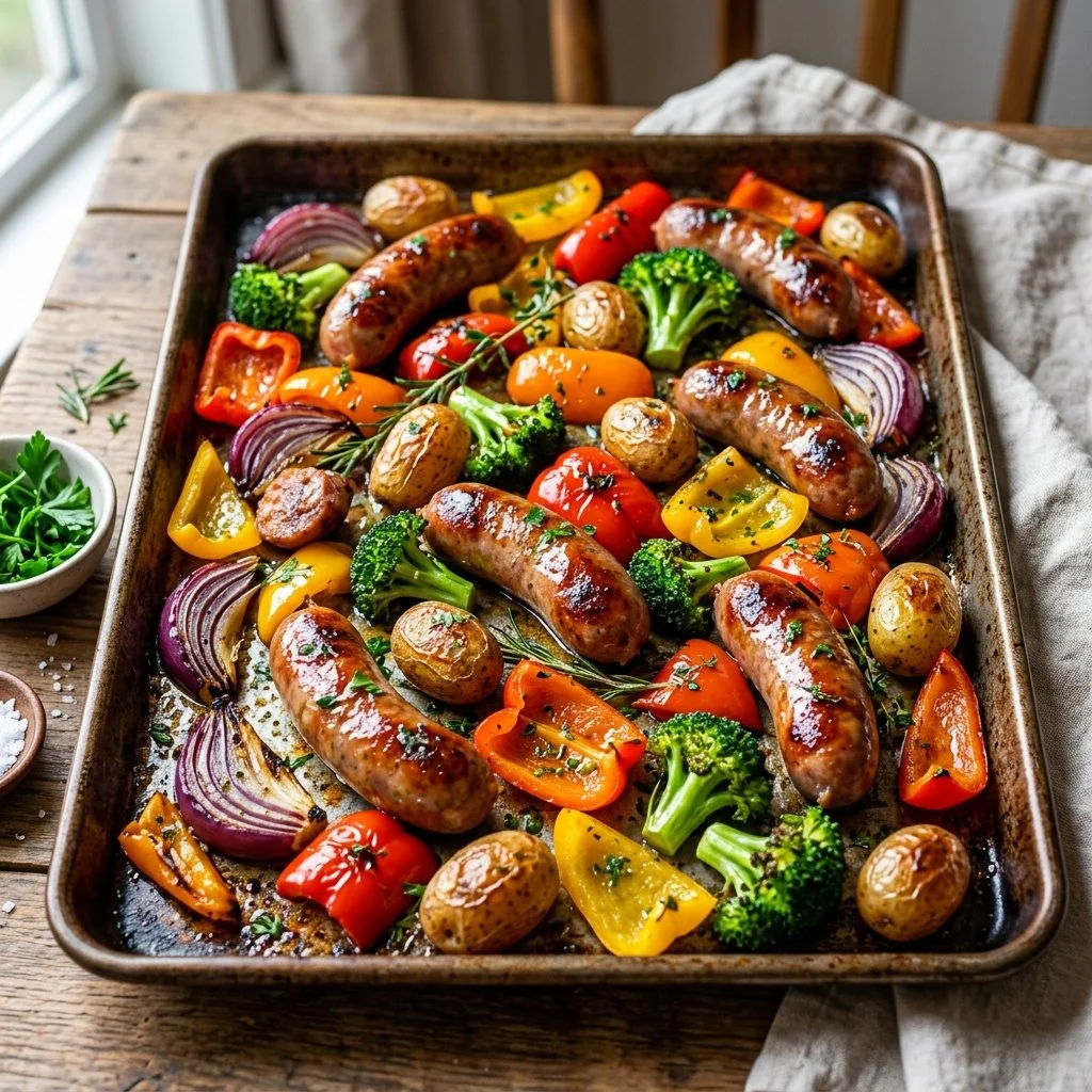 Sheet pan sausage and veggies meal ready to serve.
