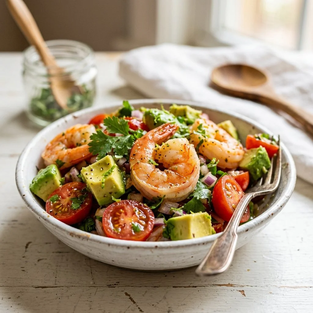 Shrimp avocado salad garnished with fresh herbs in a bowl