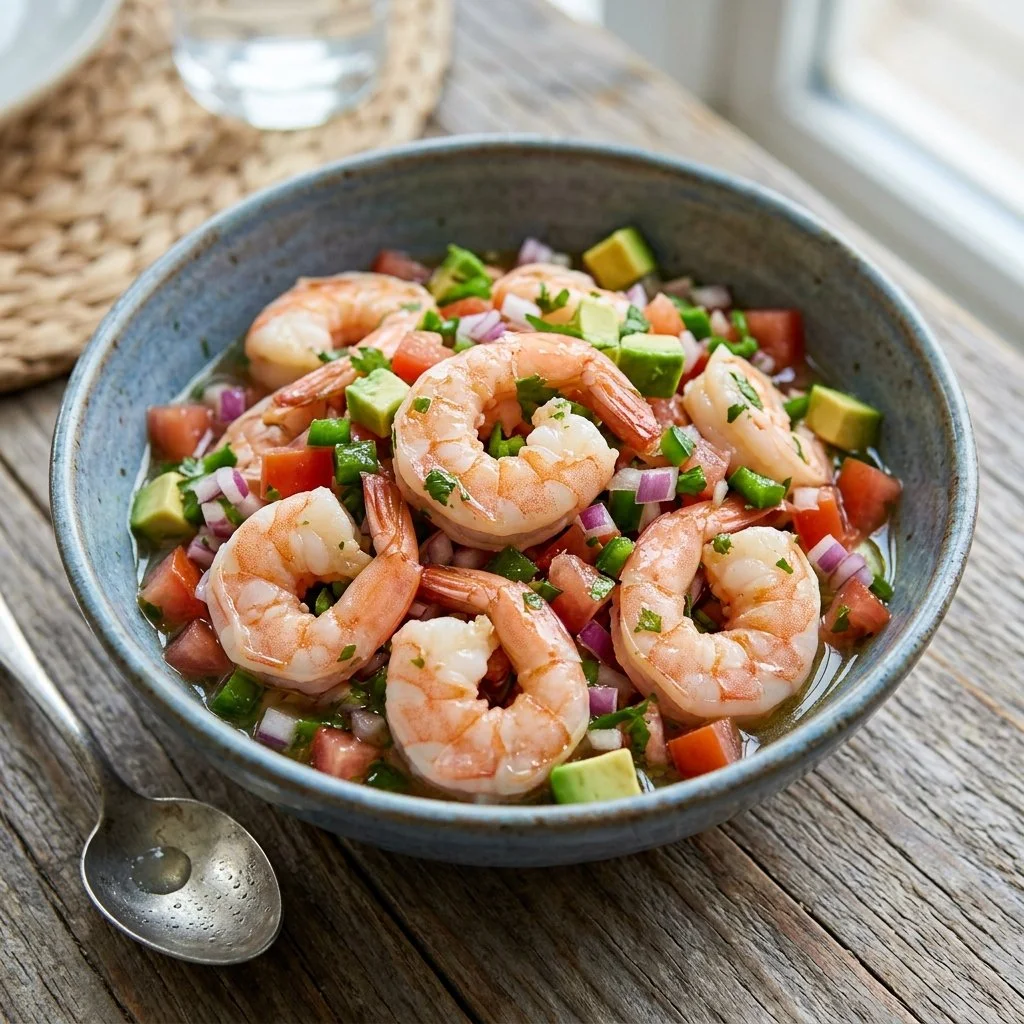 Delicious Shrimp Ceviche served in a bowl with fresh ingredients