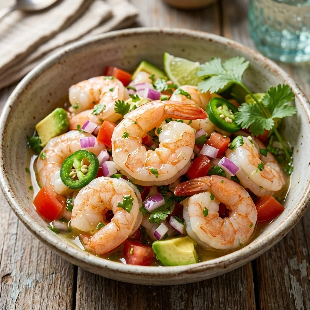 A vibrant plate of freshly made shrimp ceviche with colorful vegetables and herbs