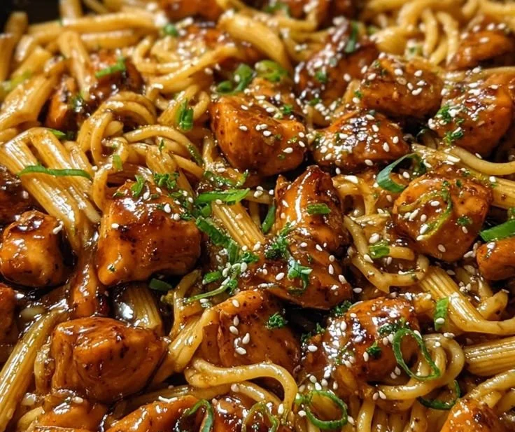 Skillet Honey Garlic Chicken Pasta served with fresh herbs and vegetables