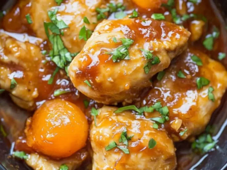 Slow cooker apricot chicken with vibrant apricots and tender chicken in a savory sauce.