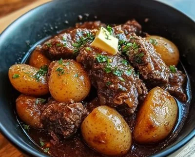 Delicious slow cooker garlic butter beef with potatoes served on a plate