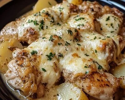 Slow Cooker Garlic Parmesan Chicken served with potatoes in a savory dish