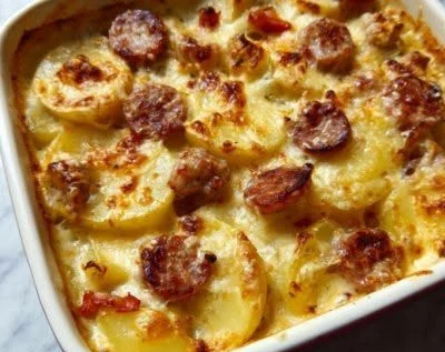 Baked smoked sausage and potatoes dish, garnished and ready to serve