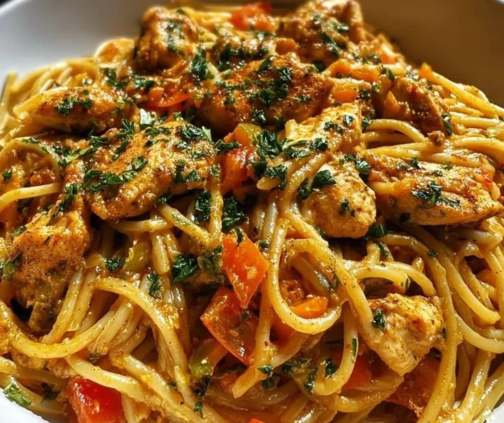 Delicious plate of smoky Cajun chicken spaghetti garnished with herbs