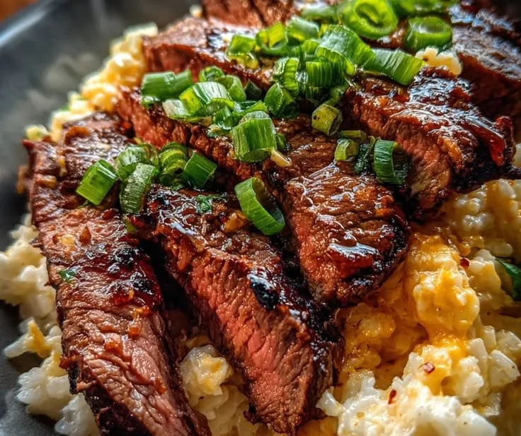 Smoky garlic butter steak served with cheddar rice on a plate