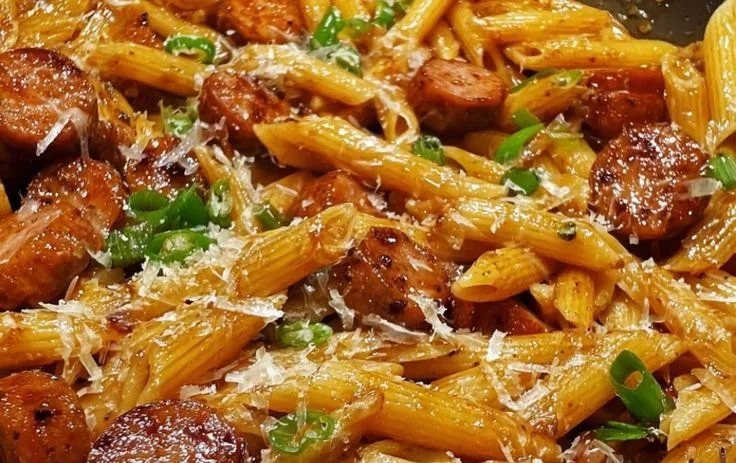 Smoky honey garlic sausage penne served in a bowl with fresh herbs.