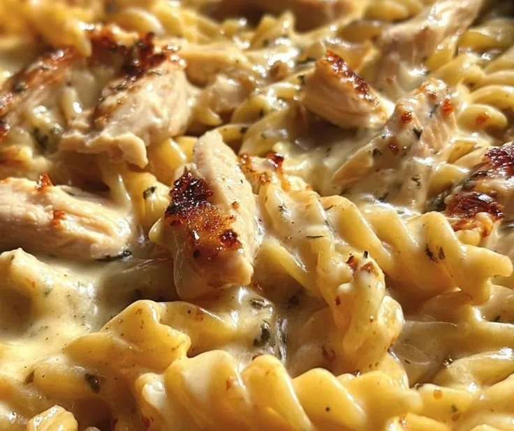 Plate of smoky ranch chicken and cheddar pasta garnished with herbs