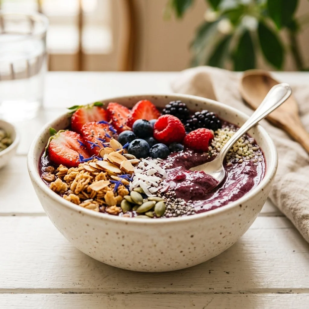 A colorful smoothie bowl topped with fresh fruits, nuts, and seeds.