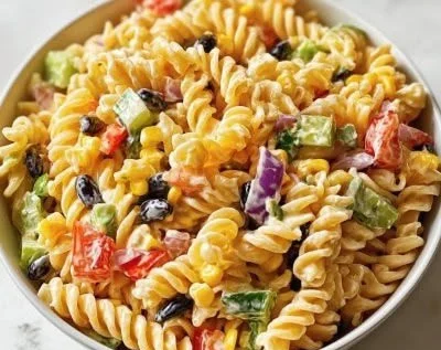 Colorful bowl of Southwestern Pasta Salad with fresh veggies and dressing