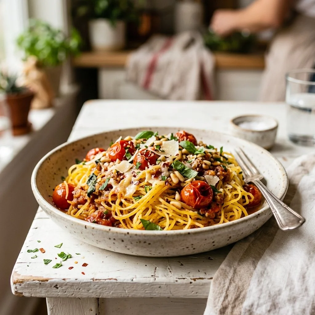 Delicious spaghetti squash recipe served with herbs and spices.