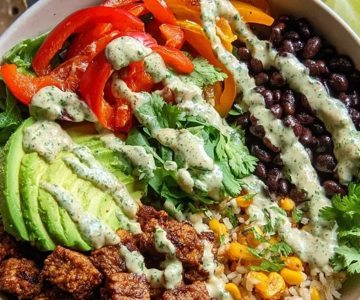 Delicious spicy baked tofu burrito bowl topped with fresh vegetables and ingredients