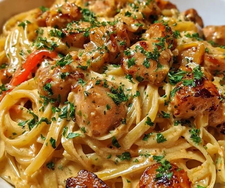 Plate of spicy Cajun sausage and chicken linguine topped with herbs