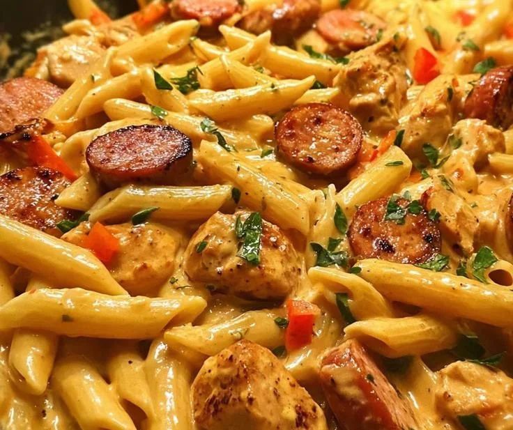 Creamy Cajun sausage and chicken pasta in a skillet dish