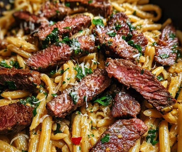 Spicy Garlic Butter Parmesan Steak Pasta in a bowl