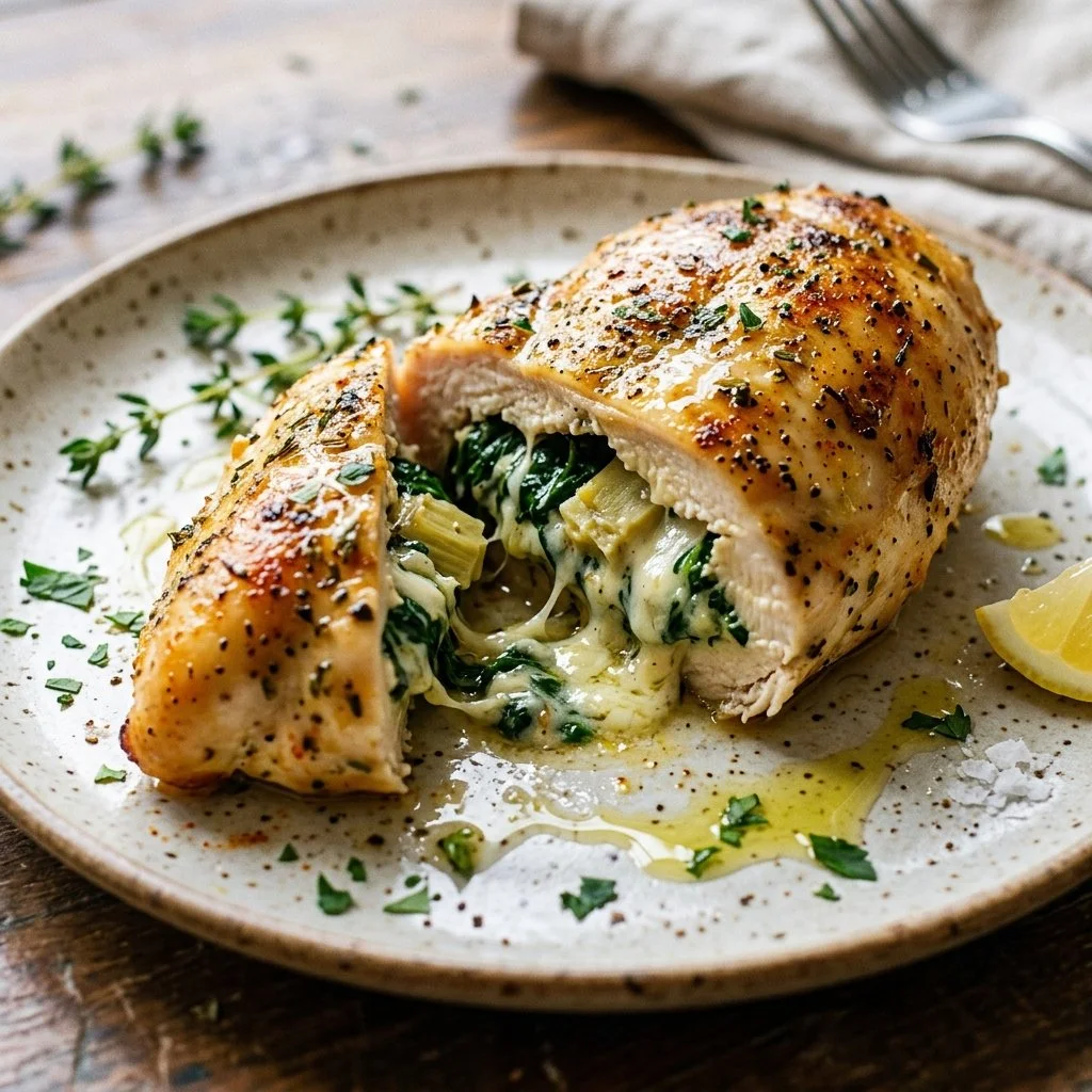 Spinach Artichoke Stuffed Chicken on a plate garnished with herbs.